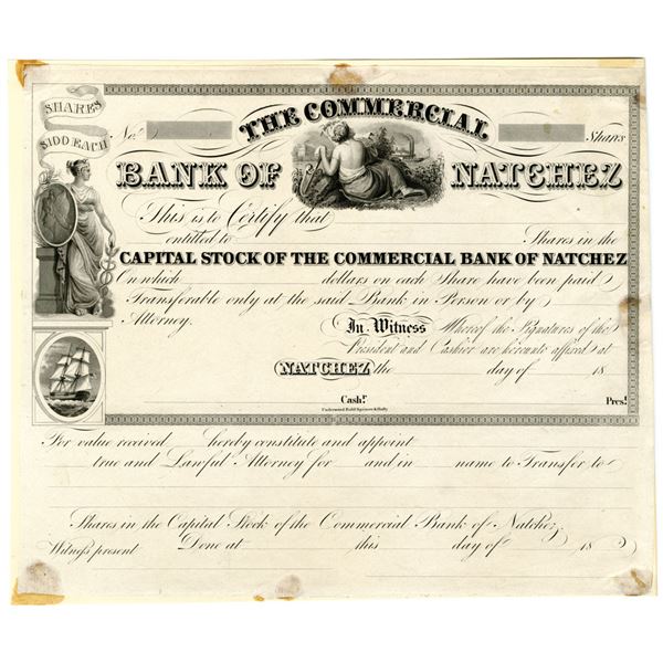 MS. Commercial Bank of Natchez, ca.1830s, Proof Stock Certificate.