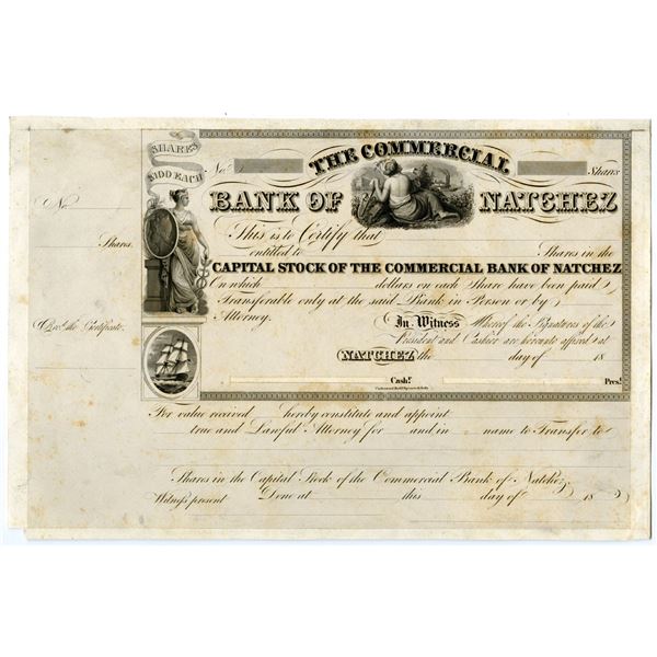 MS. Commercial Bank of Natchez, ca.1830s, Proof Stock Certificate.