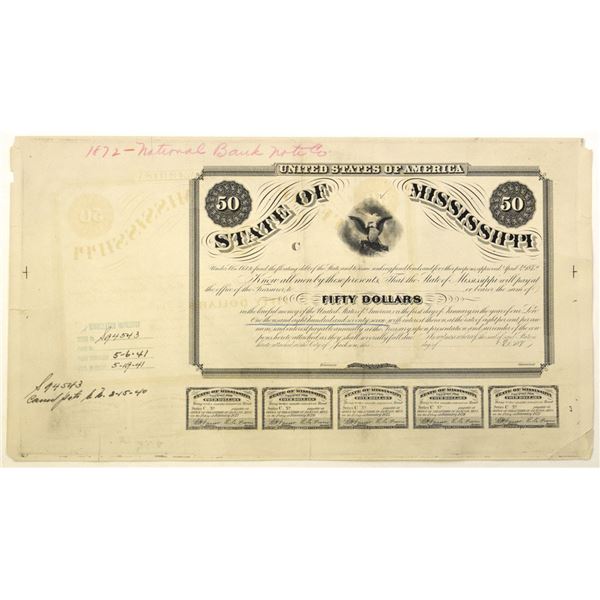 MS. State of Mississippi, 1872 (Plate Cancelled in 1941), Proof Cancellation Coupon Bond.