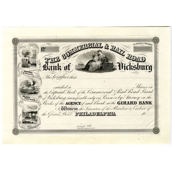 PA. Commercial & Rail Road Bank of Vicksburg, ca.1830s, Proof Stock Certificate.