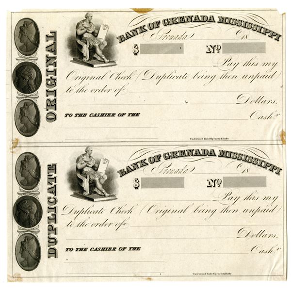 MS. Bank of Grenada, Mississippi, ca.1830s, Uncut Proof sheet of 2 Drafts.