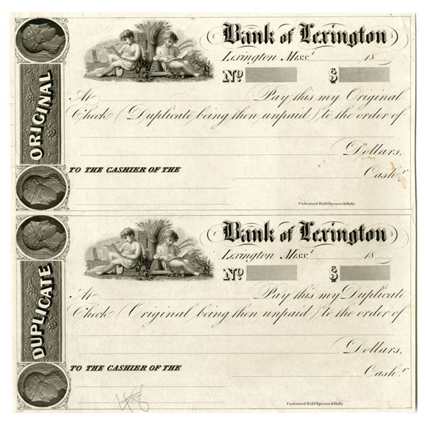 MS. Bank of Lexington, ca.1830s, Uncut Sheet of 2 Proof Drafts or Checks.