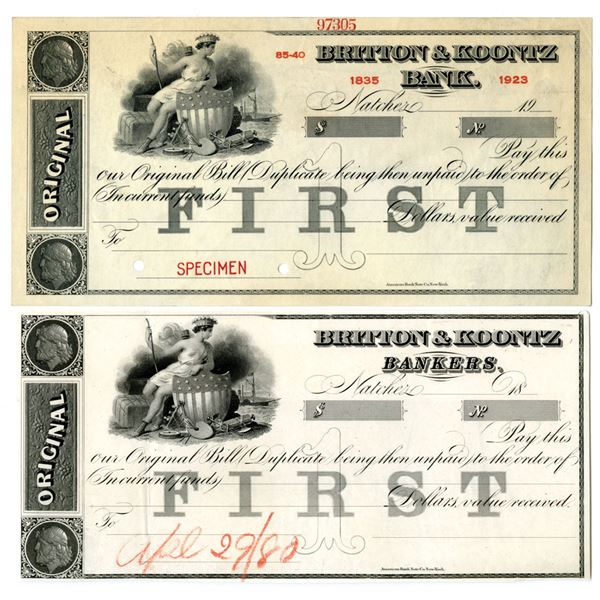 MS. Britton & Koontz Bank, ND (1880s to 1923), Proof and Specimen "First" Bills of Exchange.