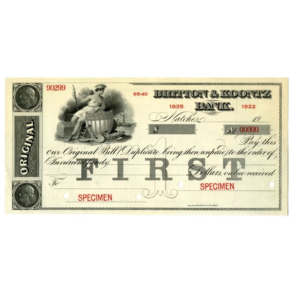 MS. Britton & Koonz Bank, 1922, Specimen Original Bill.