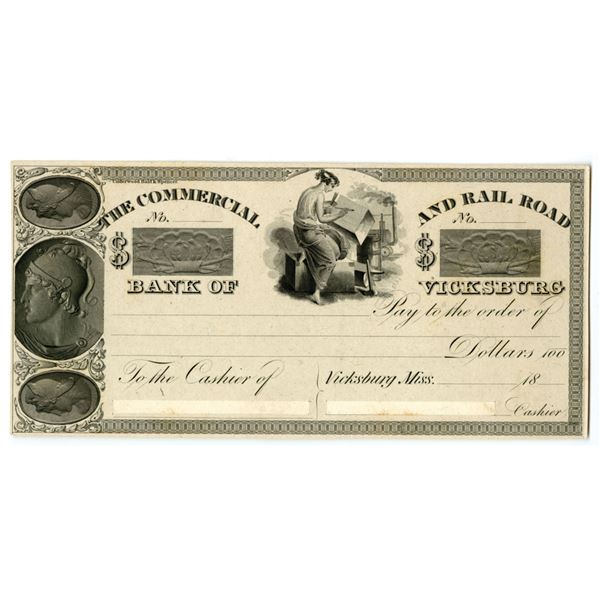 MS. Commercial and Rail Road Bank of Vicksburg, ca.1830s, Proof Check or Draft.