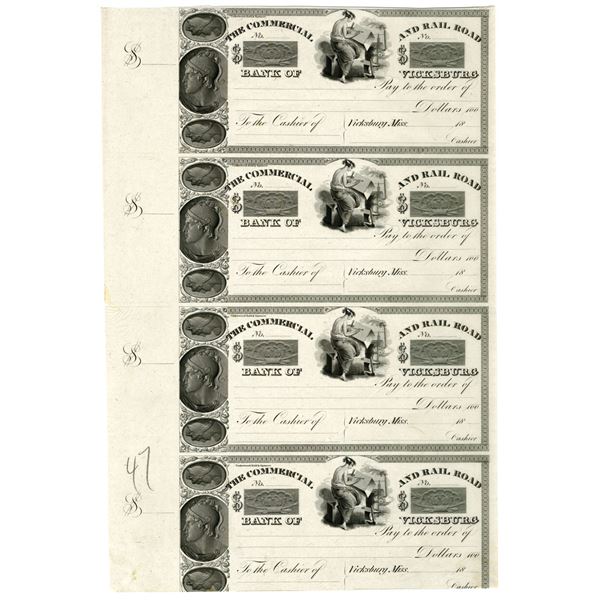 MS. Commercial and Rail Road Bank of Vicksburg, ca.1830s, Uncut Sheet of 4 Proof Bank Drafts.