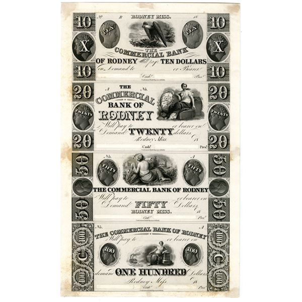MS. Commercial Bank of Rodney, ca.1830s, Uncut Sheet of 4 Proof Obsolete Banknotes.