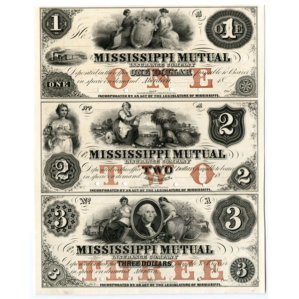 MS. Mississippi Mutual Insurance Co., ca.1830s, Uncut Obsolete Proof Sheet Trio.