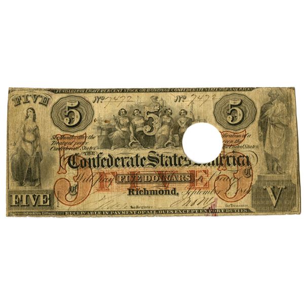 VA. C.S.A, September 2, 1861, $5, T-31, Issued and Cut Cancelled Banknote.