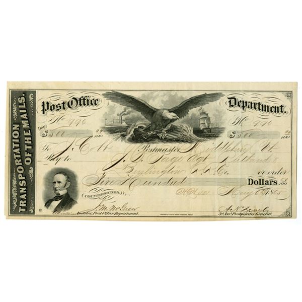 D.C., U.S. Post Office Dept. Transportation of the Mails Draft, May 6, 1865, Signed by Zevely, McGre