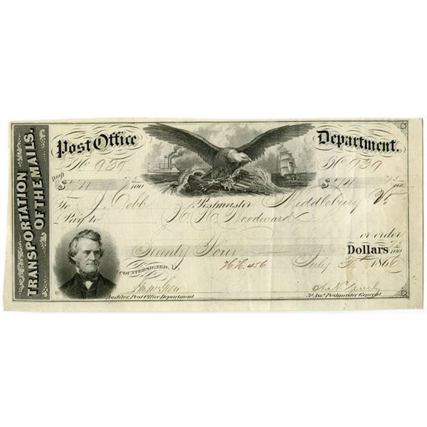 D.C., U.S. Post Office Dept. Transportation of the Mails Draft, July 30, 1866, Signed by Zevely, McG