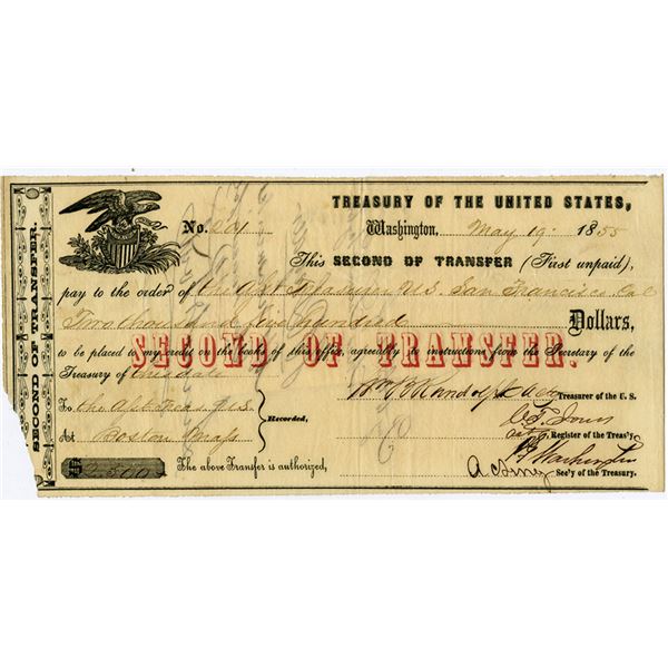 D.C., CA., Treasury of the United States, 1855 "Second of Transfer" Fiscal Document, Washington, D.C