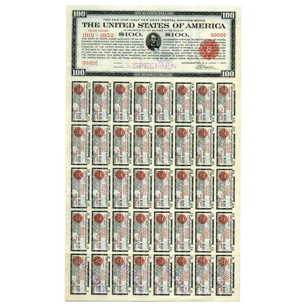 United States of America, 1912 Specimen Postal Savings Bond Rarity.