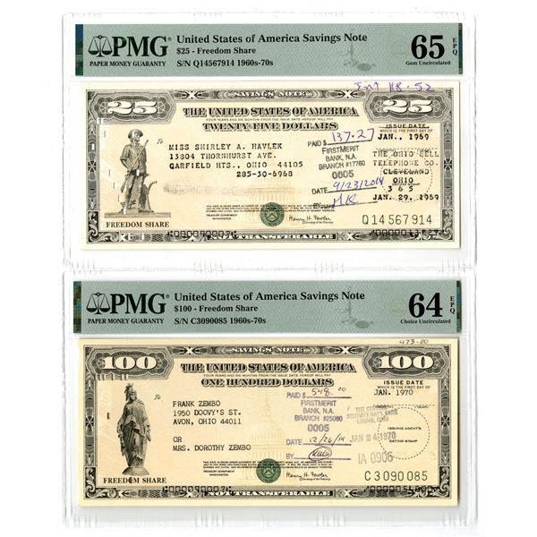 D.C., U.S. Savings Bond, 1969 and 1970, "Freedom Share" Savings Bond Pair.