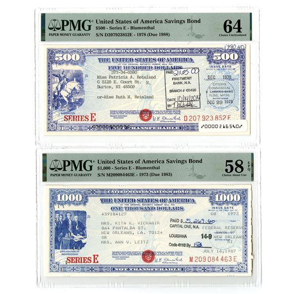 LA. & MI., U. S. Savings Bond, 1973 and 1978, "Series E" Savings Bond I/C Bond Pair.