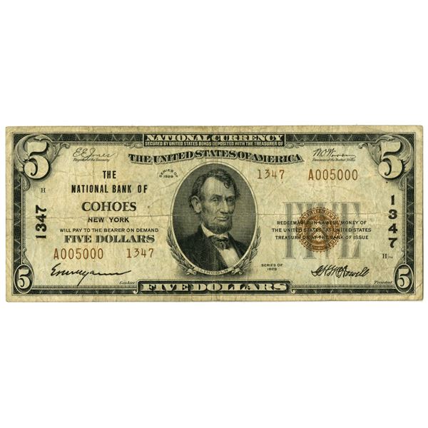 NY., National Bank of Cohoes, New York, $5 T2, Series of 1929, Ch# 1347, Issued Banknote.