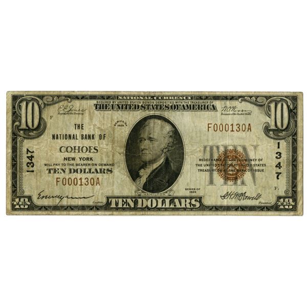 NY., National Bank of Cohoes, New York. $10 T1, Series of 1929, Ch#1347, Issued Banknote.