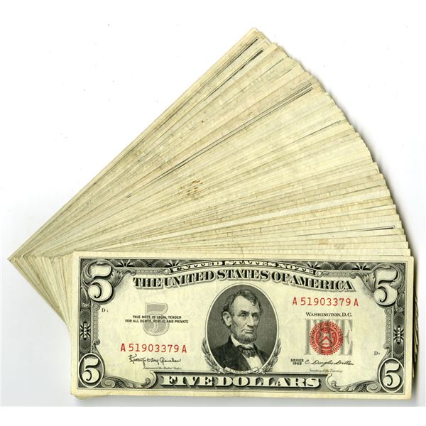 U. S. Legal Tender Note, $5, Series 1953A to Series 1963, Issued Banknote Assortment.