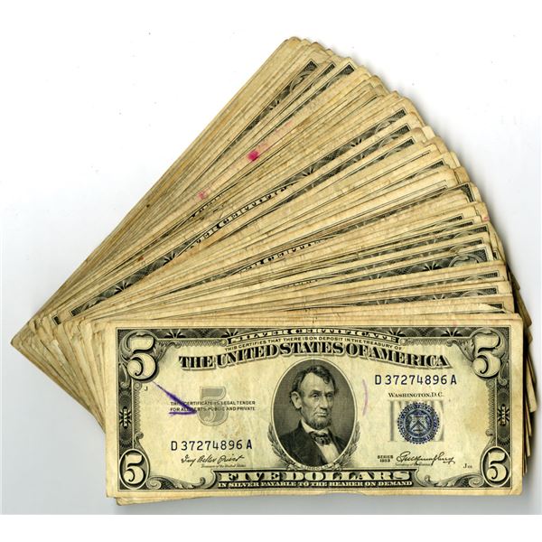 U. S. Silver Certificates, $5, Series 1934D to Series 1953A, Issued Banknote Assortment.