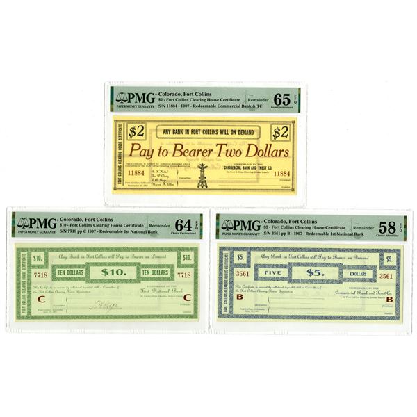 CO. Fort Collins Clearing House Certificates, 1907, Remainder Depression Scrip Note Trio.