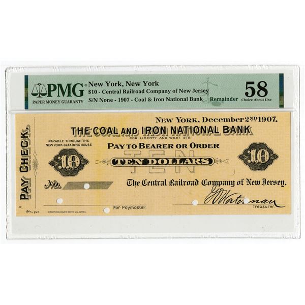 NY. Central Railroad Co. of New Jersey, 1907, Specimen 1907 Depression or Panic Currency.