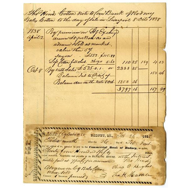 MS. Commercial Bank of Rodney, 1838, Issued Liverpool Settlement Cotton Loan Document.