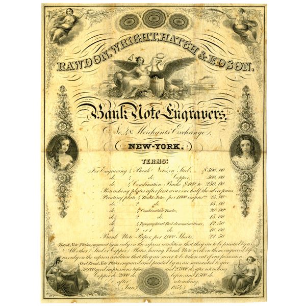 NY. Rawdon, Wright, Hatch & Edson, Bank Note Engravers, 1854, Price List Broadside.