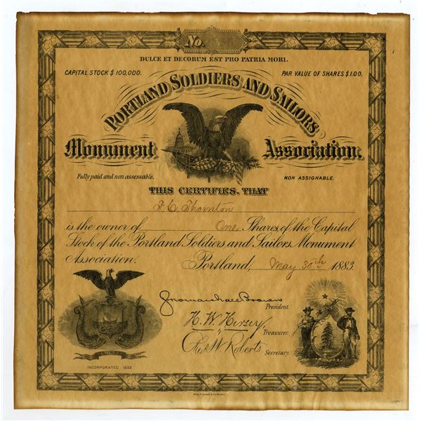 ME. Portland Soldiers and Sailors Monument Association, 1883 Donation Certificate.