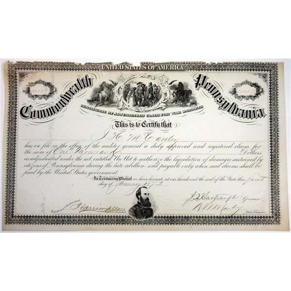 PA. Commonwealth of Pennsylvania,  1873, Issued Bond Signed by Major General Frederick Hartranft, Me