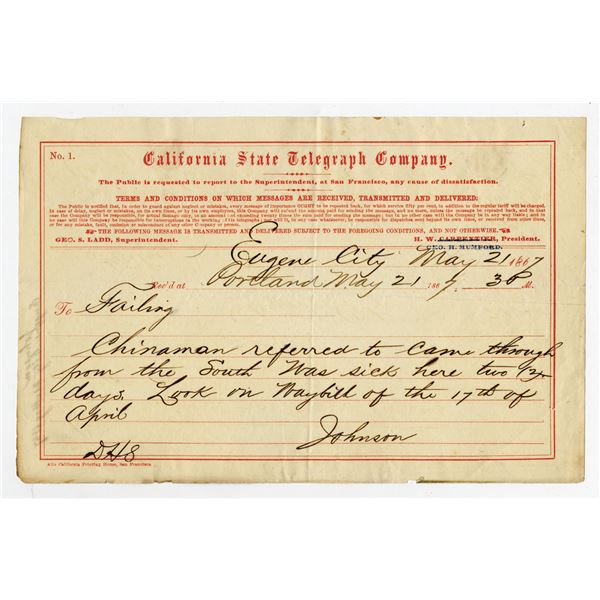 California State Telegraph Co. 1867 Issued Telegram Message about "Ill Chinaman"