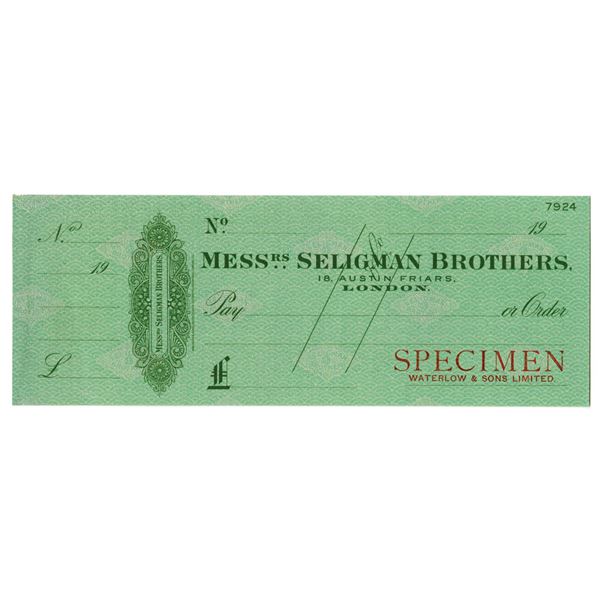 England. Seligman Brothers London Specimen Bank Check, Waterlow & Sons, ND (1900s).