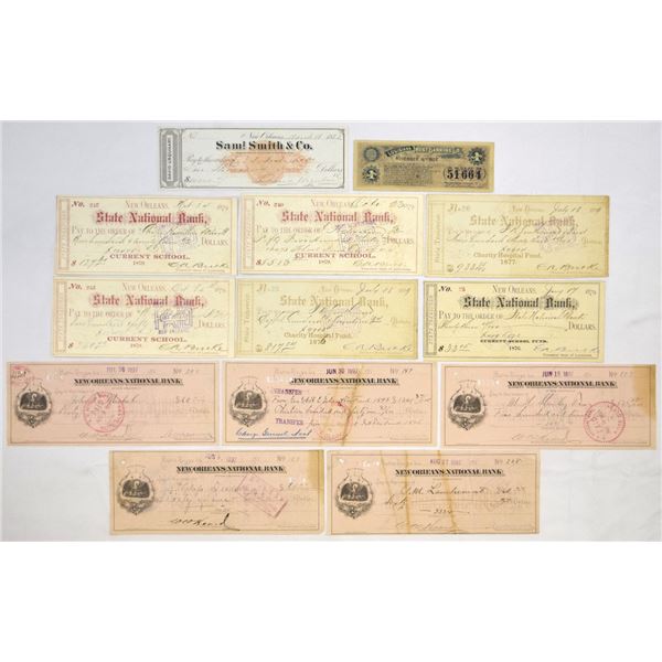 LA. Louisiana Bank and Treasury Check Assortment, 1872 to 1903