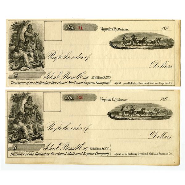 MT. Holladay Overland Mail and Express Co., with Stage Coach Vignettes, 1860s, Unissued Draft Pair