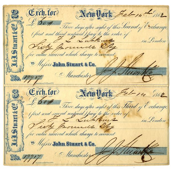NY. J. & J. Stuart Co., 1862, I/U 2nd and 3rd of Exchange Uncut Pair.