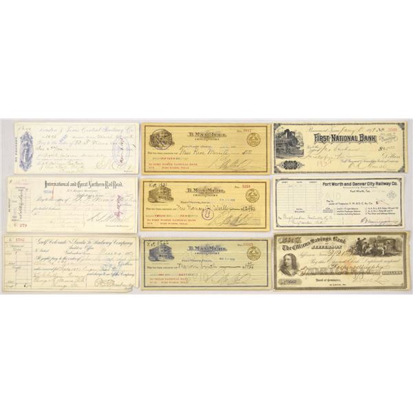 TX. Texas Assortment of I/C Railway and Bank Related Checks, 1876 to 1940.