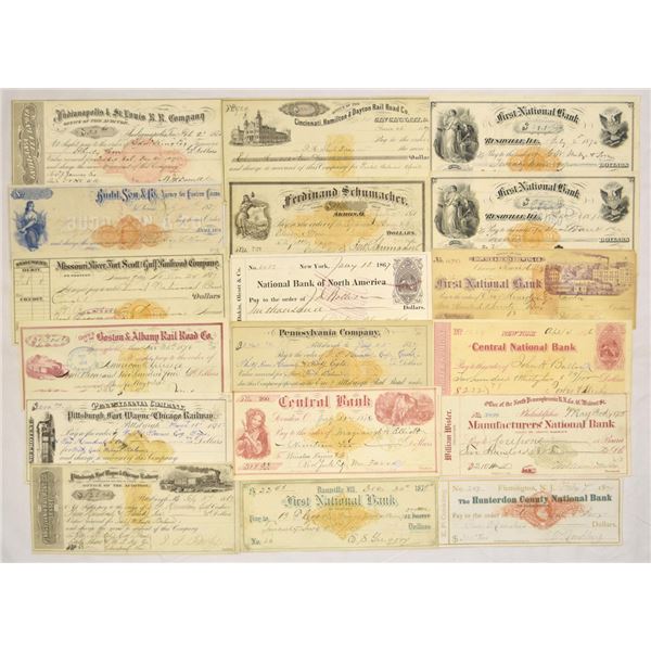 American Railroad and National Bank Check Collection, Most With Various Imprinted Revenues, ca.1866 