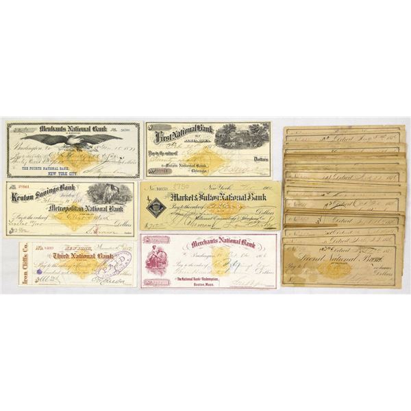 U.S., National Bank Check Assortment, 1870s to 1900s, All with Imprinted Revenues