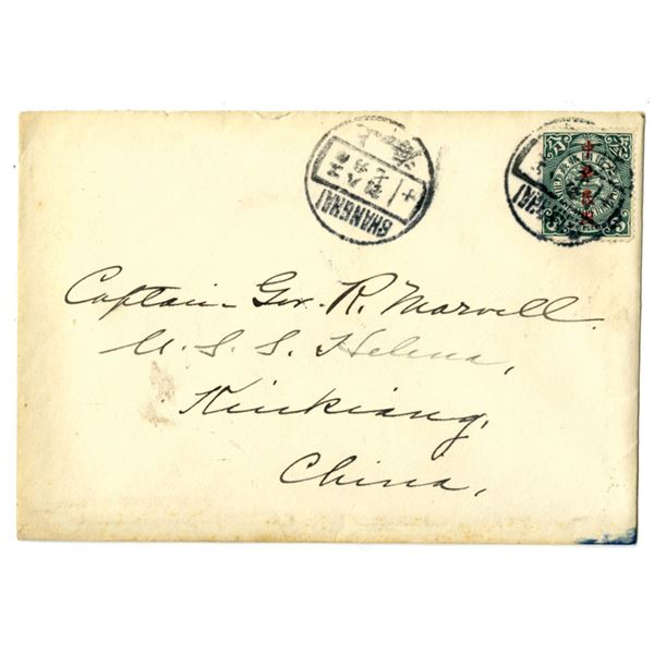 China. ca.1912-13 Republic Overprint 3c Coiling Dragon Cover, Shanghai to U.S. Navy Gunboat at Kiuki
