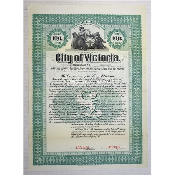 Canada. City of Victoria, 1908, Specimen Bond.