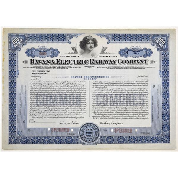 Cuba. Havana Electric Railway Co., 1926, Specimen Stock Certificate.