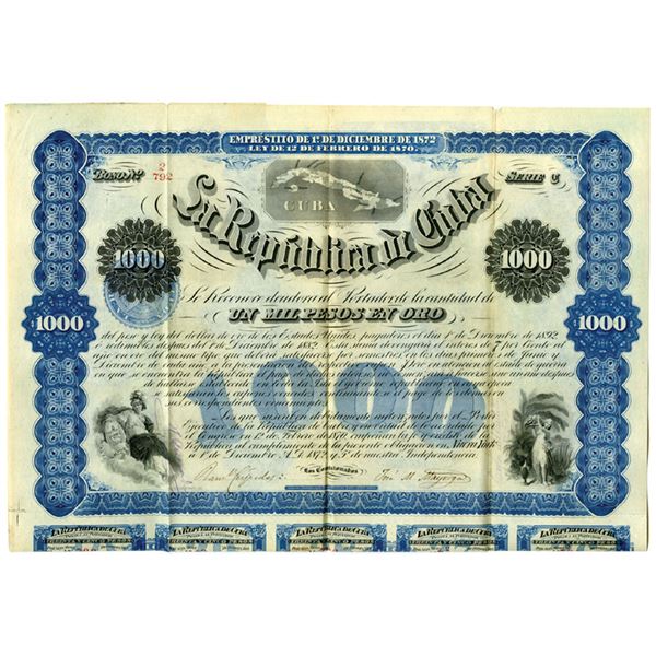 Cuba. La Republica de Cuba, 1872, I/U 1000 Peso Gold Coupon Bond.
