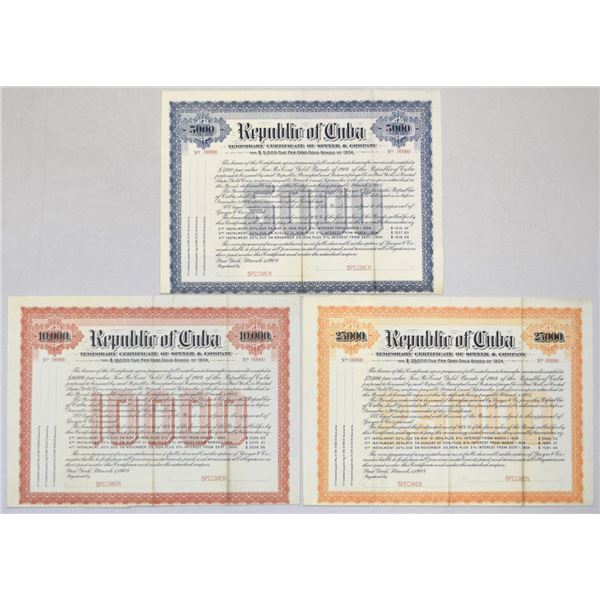 Cuba. Republic of Cuba, 1904, Temporary Certificates of Spever & Co., Specimen Bond Trio.