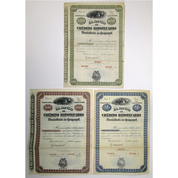 Ecuador. Banco de Credito Hipotecario, ND (1880 to 1900s), Specimen Coupon Bond Trio.
