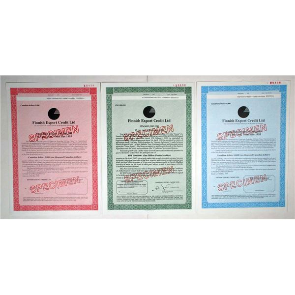 Finland. Finnish Export Credit Ltd., 1990. Lot of 3 Specimen Coupon Bonds, XF-AU. WLG