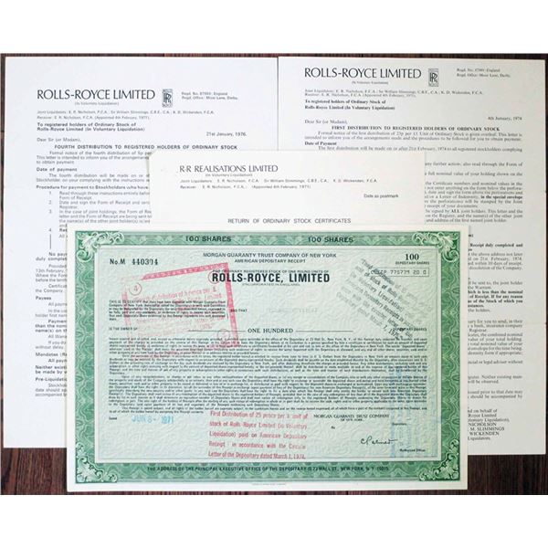 Great Britian. Rolls-Royce Ltd. Stock Certificate and Liquidation Documents, 1971 to 1976