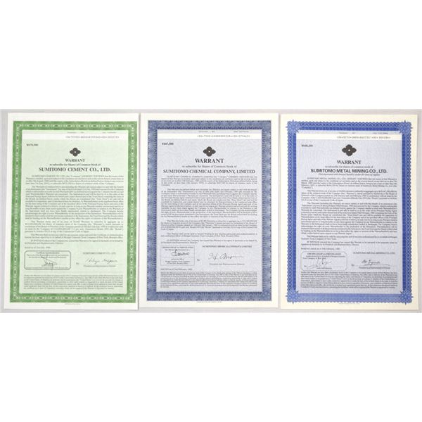 Japan. Sumitomo Mertal Mining, Chemical and Cement, 1988 to 1989, Issued Warrant Trio.
