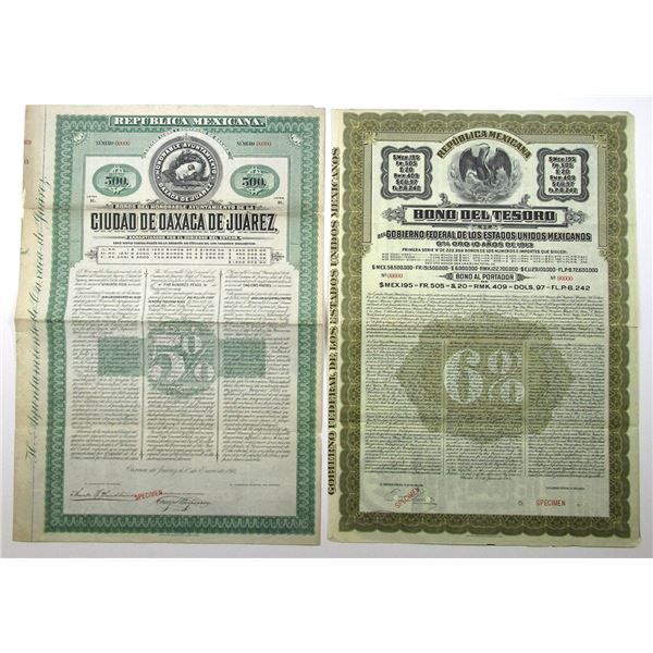 Mexico. Republic of Mexico, 1913 Bond, and 1910 Ciudad de Oaxaca de Juarez, Specimen Bond Coupon Pai