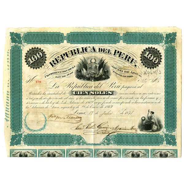 Peru. Republica del Peru, Construccion De La Aduana De Arica, 1871, I/U Bond