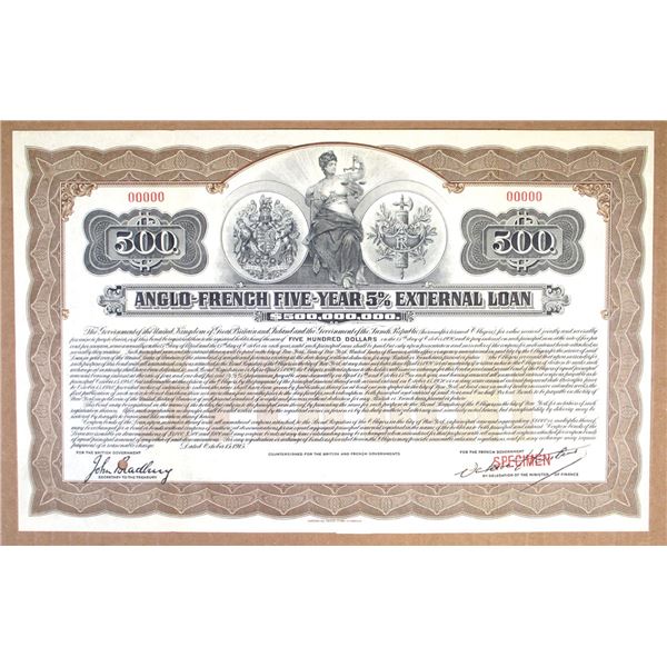 France & England. Anglo-French Five-Year 5% External Loan 1915 Specimen Bond