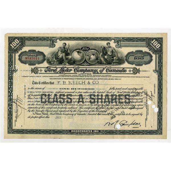 Canada. Ford Motor Co. of Canada, 1931, I/C Stock Certificate